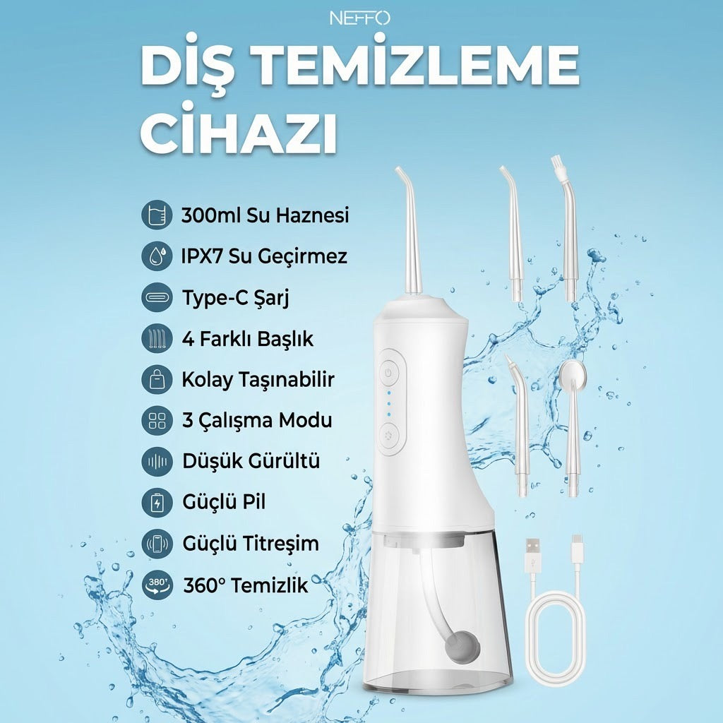 Şarjlı Ağız Duşu – 4 Başlık, IPX7, Type-C, 45 Gün Pil Ömrü , 300ml su haznesi