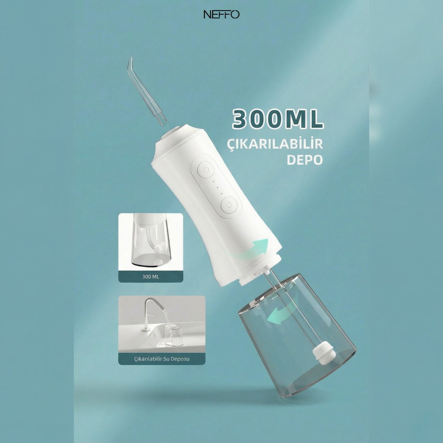 Şarjlı Ağız Duşu – 4 Başlık, IPX7, Type-C, 45 Gün Pil Ömrü , 300ml su haznesi