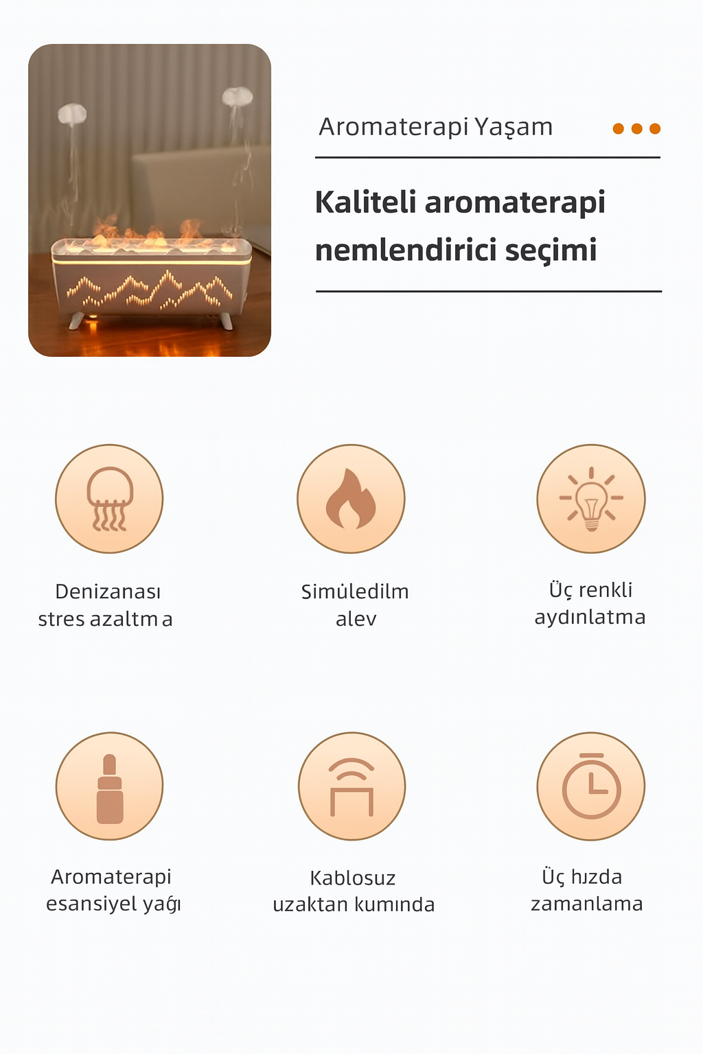 Yuanshan Aromaterapi Makinesi | Alev Simülasyonlu & 3 Renk Işıklı Buhar Difüzörü