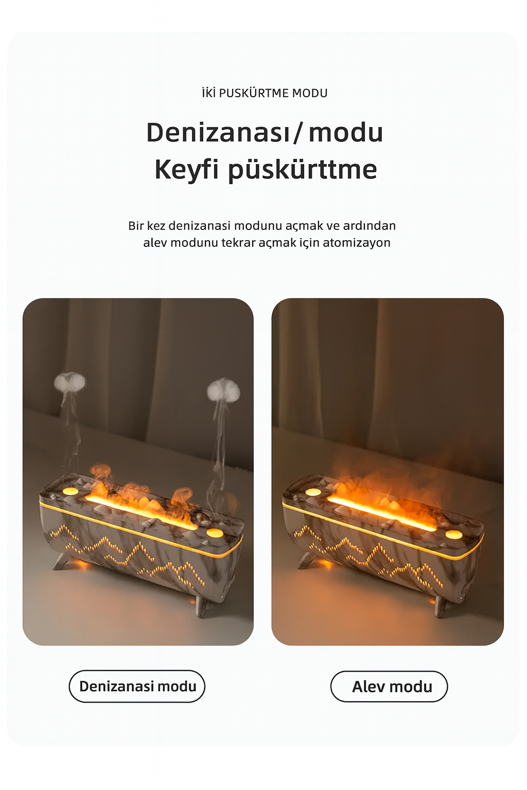 Yuanshan Aromaterapi Makinesi | Alev Simülasyonlu & 3 Renk Işıklı Buhar Difüzörü