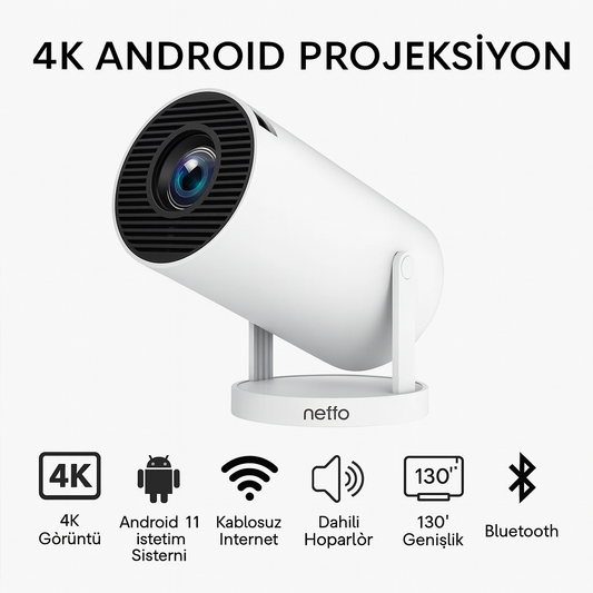Android Akıllı Projeksiyon Cihazı 4K | Taşınabilir WiFi Bluetooth LED Projektör | Ev Sineması – Otomatik Odaklama + Kumanda Dahil