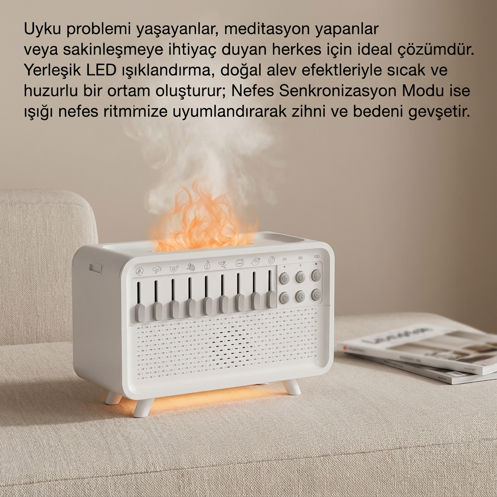Bluetooth Hoparlörlü Hava Nemlendirici – White Noise & Alev Efekt