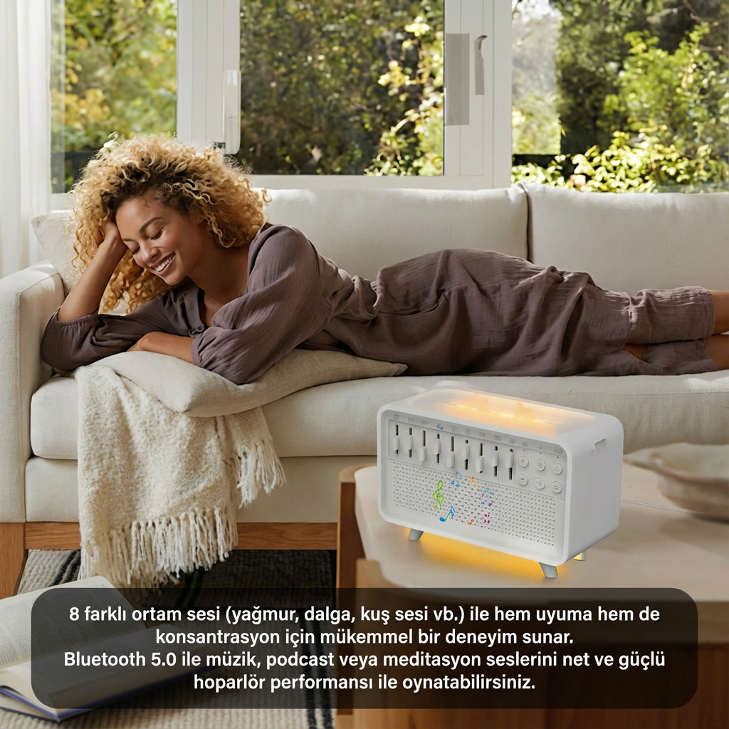 Bluetooth Hoparlörlü Hava Nemlendirici – White Noise & Alev Efekt