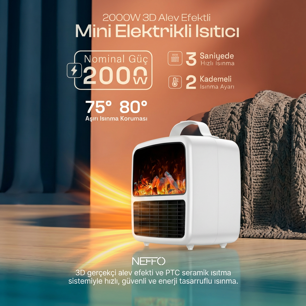 Alev Efektli Akıllı Mini Isıtıcı – Taşınabilir Elektrikli Masaüstü Fanlı Isıtıcı Beyaz