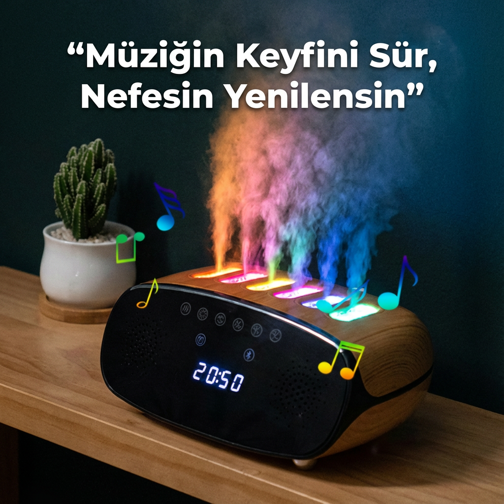 Difüzör Hava Nemlendirici – Bluetooth Hoparlörlü RGB Işıklı Dijital Saat