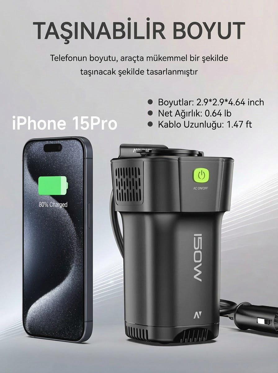 MOSI Araç İçi Taşınabilir İnverter 220V AC + USB | Bardaklık Tipi | Telefon, Laptop, CPAP Uyumlu