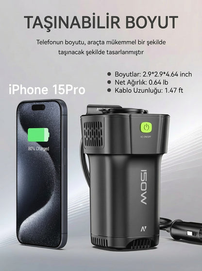 MOSI Araç İçi Taşınabilir İnverter 220V AC + USB | Bardaklık Tipi | Telefon, Laptop, CPAP Uyumlu