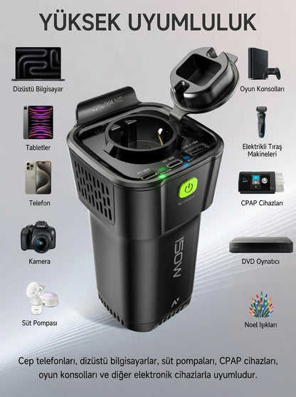 MOSI Araç İçi Taşınabilir İnverter 220V AC + USB | Bardaklık Tipi | Telefon, Laptop, CPAP Uyumlu