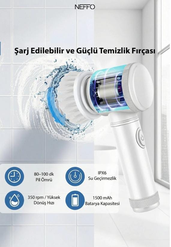 Şarjlı Çok Amaçlı Döner Temizlik Fırçası 5 Başlıklı