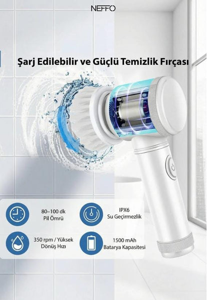 Şarjlı Çok Amaçlı Döner Temizlik Fırçası 5 Başlıklı