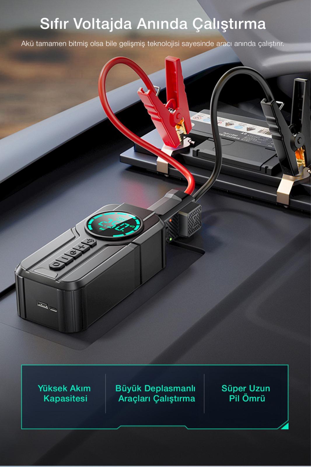 3'ü 1 Arada Mega Set: 10.000 mAh Powerbank + Araç Akü Takviye + Dijital Hava Pompası