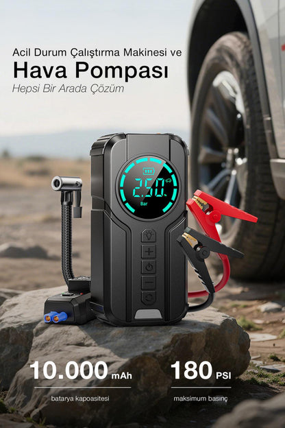 3'ü 1 Arada Mega Set: 10.000 mAh Powerbank + Araç Akü Takviye + Dijital Hava Pompası