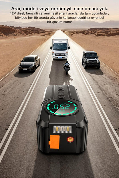 3'ü 1 Arada Mega Set: 10.000 mAh Powerbank + Araç Akü Takviye + Dijital Hava Pompası