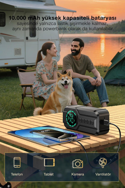 3'ü 1 Arada Mega Set: 10.000 mAh Powerbank + Araç Akü Takviye + Dijital Hava Pompası