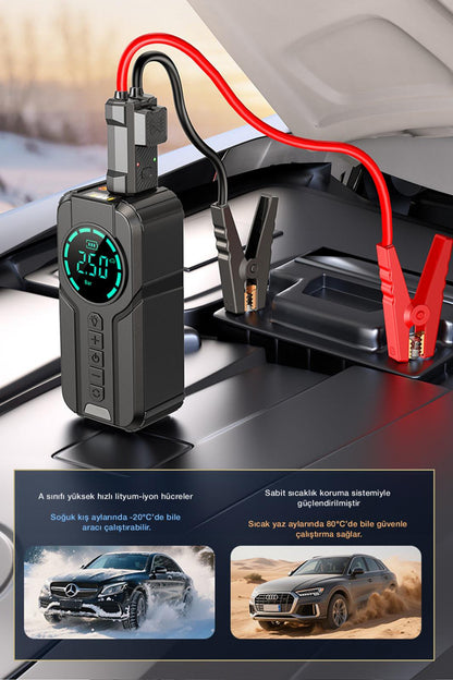 3'ü 1 Arada Mega Set: 10.000 mAh Powerbank + Araç Akü Takviye + Dijital Hava Pompası