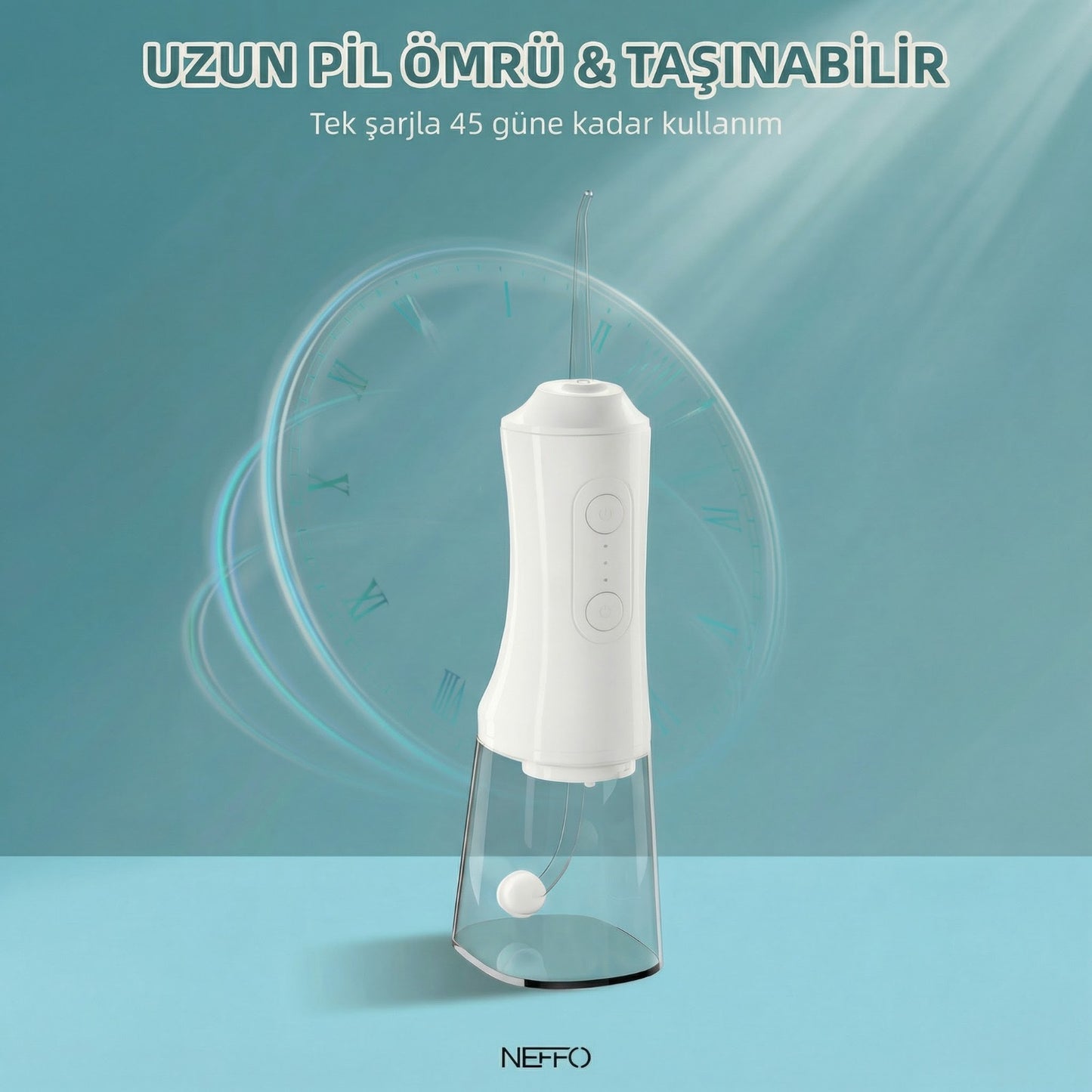 Şarjlı Ağız Duşu – 4 Başlık, IPX7, Type-C, 45 Gün Pil Ömrü , 300ml su haznesi